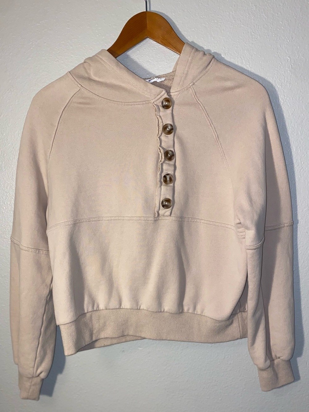 In Bloom Tan Henley Button Up Cropped Hoodie 100% Cotton Small